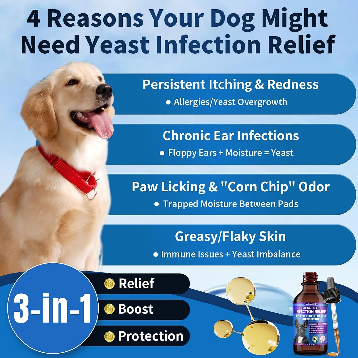 WEALLIN Natural Yeast Infection Treatment for Dogs - Probiotic-Powered Drops with 8-Herbal Blend, Bacon-Flavoured Oral Supplement for Skin, Ears, and Allergy Relief - görsel 2