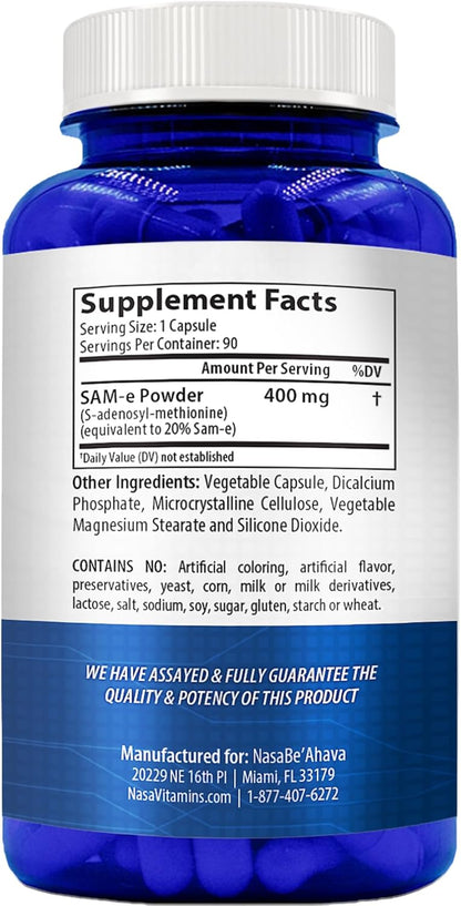 SAM-E Supplement 400mg | Easy Absorption S-Adenosyl-L-Methionine SAM-e for Joint and Mood Support | Non-GMO and Gluten-free | 90 Day Supply