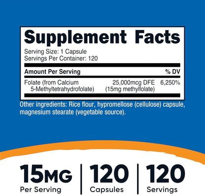 Nutricost L-Methylfolate 15mg, 120 Capsules (5-MTHF) - Vegan, Non-GM, Gluten-free