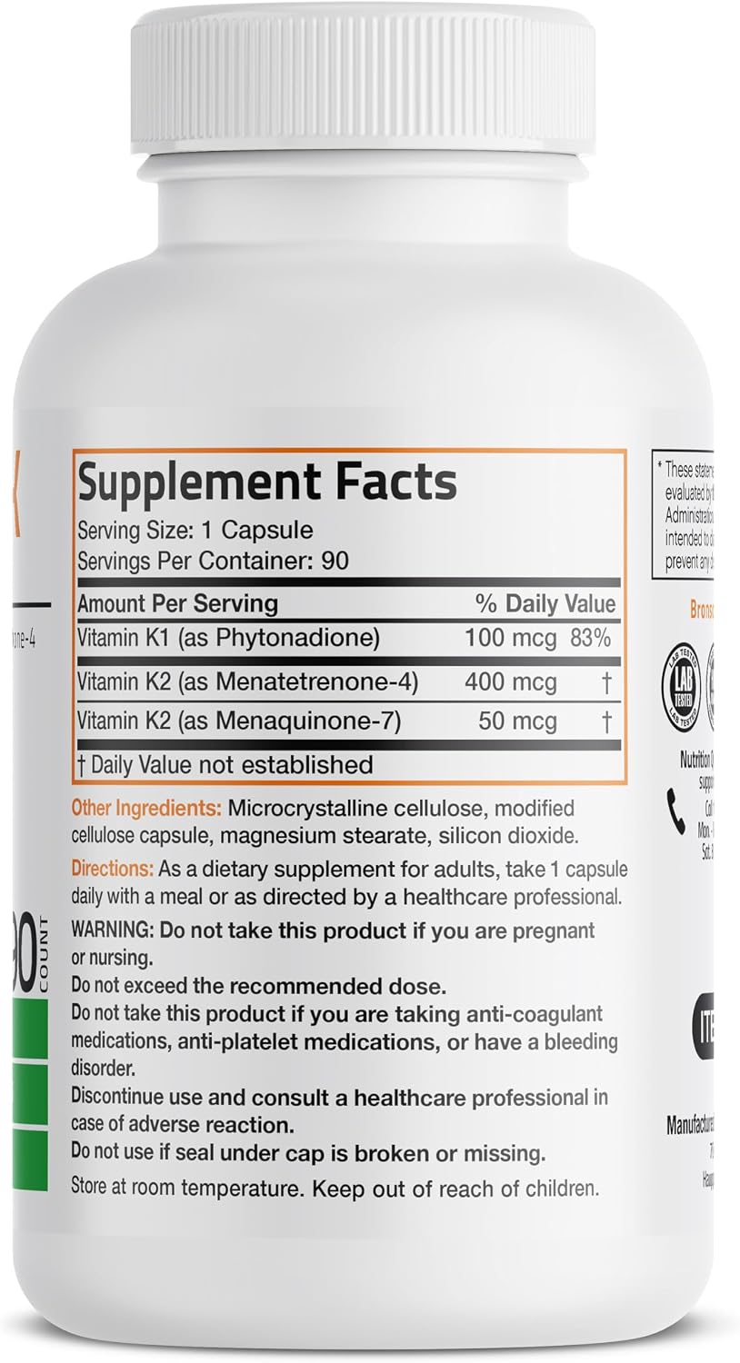 Bronson Vitamin K Triple Play (Vitamin K2 MK7 / Vitamin K2 MK4 / Vitamin K1) Full Spectrum Complex, 90 Capsules - görsel 2