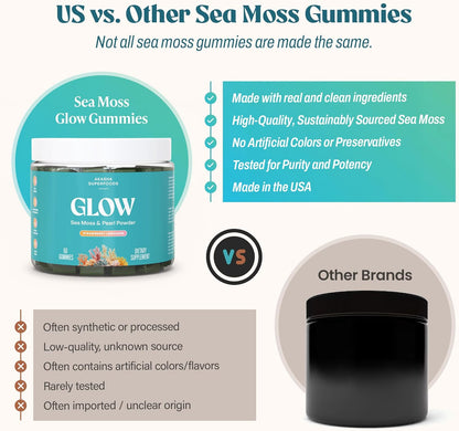 Akasha Superfoods Sea Moss Gummies with Irish Sea Moss, Pearl Powder, Vitamin E, Aloe Vera & Liposomal Vitamin C, Plant Based Strawberry Lemonade Gummies for Women and Men, 60 Count