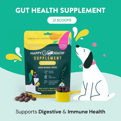Happy Go Healthy Dog Gut Health Probiotics Supplement – Digestive Health and Immune Support for Dogs and Puppies – All Natural Kibble Topper – 21 Count