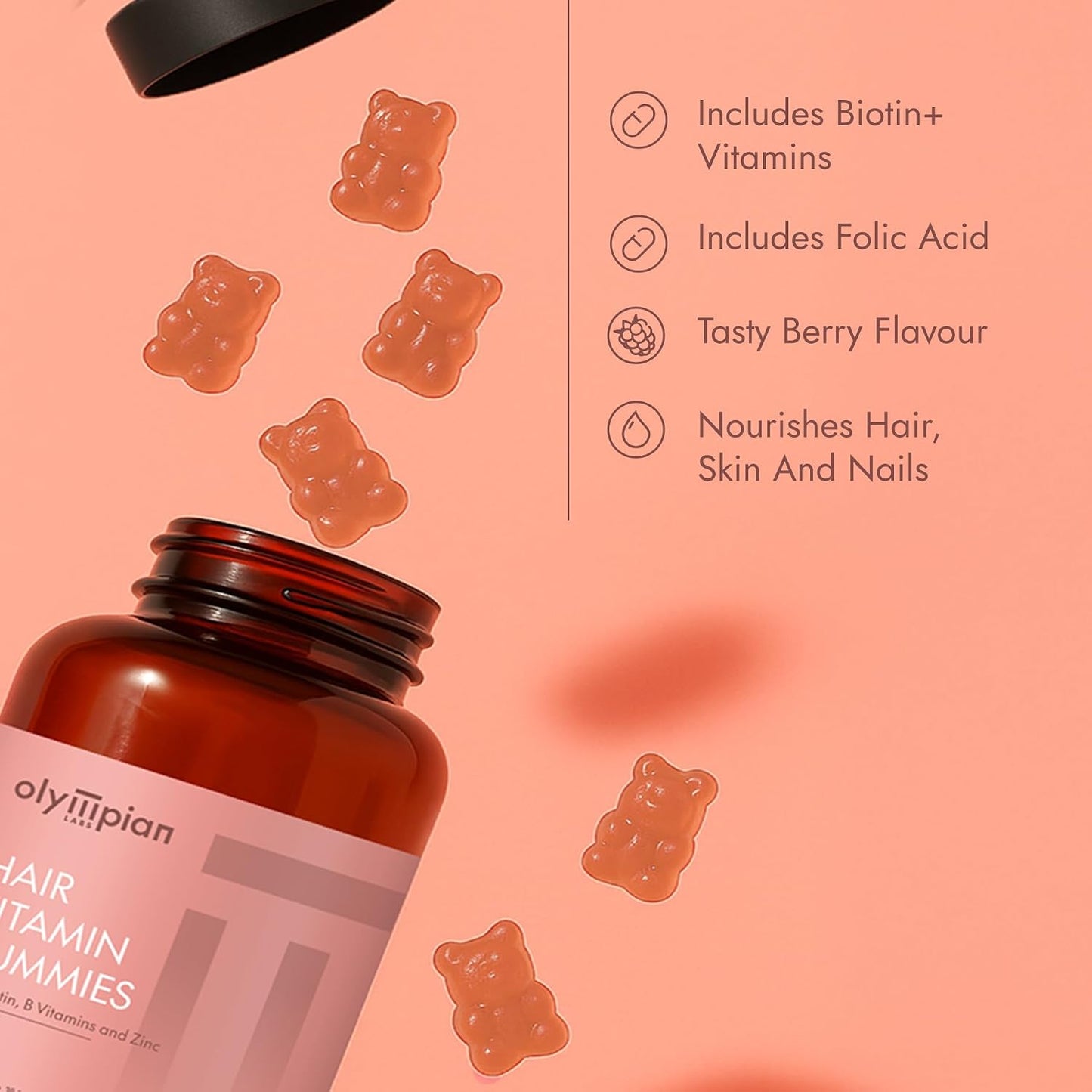 Olympian Labs Hair Vitamin Gummies – Rich in Biotin Plus Vitamins and Minerals, 60 Count, Natural Berry Flavour - görsel 2