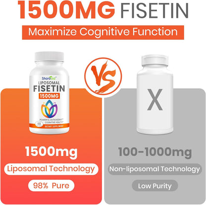 1500mg Fisetin Supplements - Powerful Absorption with Liposomal Delivery, 98% Pure Fisetin, Polyphenol Antioxidant for Healthy Ageing, Non-GM - 2 Bottles, 120 Softgels for Adults