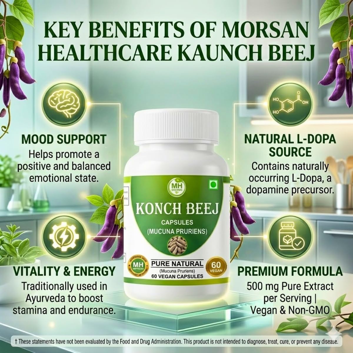 Kaunch Beej 500mg | 60 Vegan Capsules | Pure Mucuna Pruriens Extract | Traditional Ayurvedic Velvet Bean Supplement for Vitality & Energy | Non-GMO & Gluten-free - görsel 4