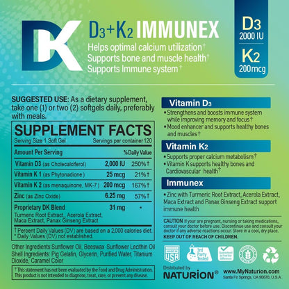 NATURION D3+K2 IMMUNEX – Vitamin D3 2000 IU, K1 25 mcg, K2 200 mcg, Zinc 6.25 mg, DK Blend – 120 Soft gel capsules