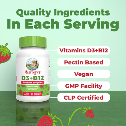 MARYRUTH'S Vitamin D3 + B12 Gummies for Ages 4+ | Bone Health | Immune Support | Energy Metabolism | Cognitive Function | Vegan | GM-Free | Gluten-free | 60 Gummies | 2 Month Supply