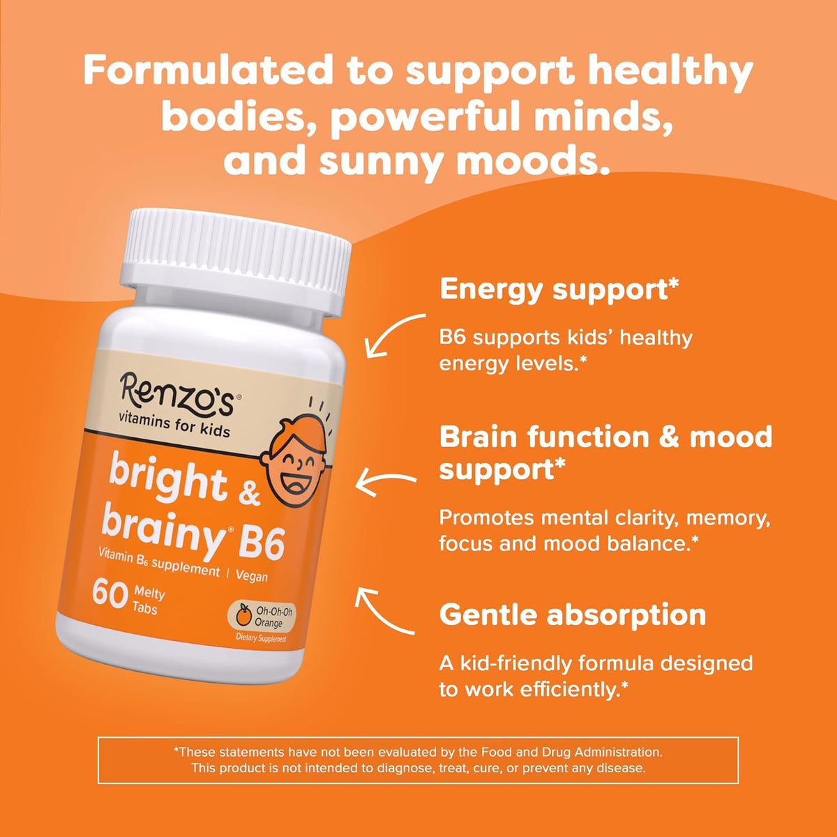 Renzo's Bright & Brainy Vitamin B6, Dissolving Kids Vitamin B6, 60 Sugar-Free Melty Tabs, Oh Oh Oh Orange Flavoured - görsel 3