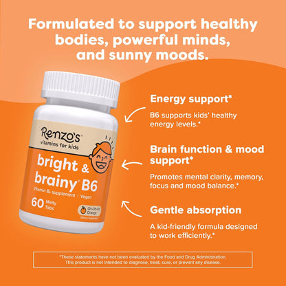 Renzo's Bright & Brainy Vitamin B6, Dissolving Kids Vitamin B6, 60 Sugar-Free Melty Tabs, Oh Oh Oh Orange Flavoured