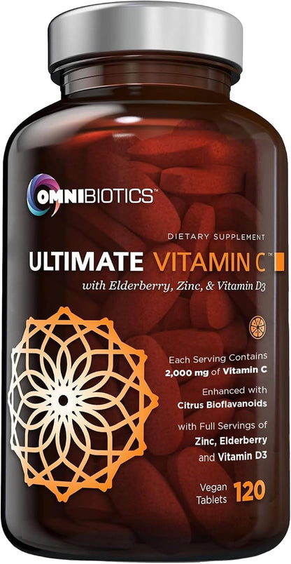 OmniBiotics Ultimate Vitamin C 2000mg with Zinc, Elderberry and D3 – 120 Vegan Tablets