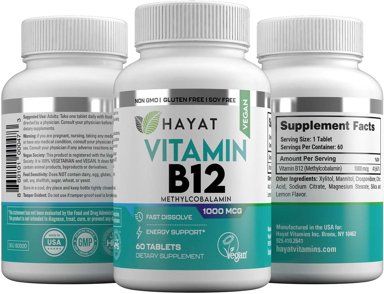 HAYAT Vitamins Vegan Vitamin B12 1000 mcg, Fast-Dissolve Sublingual Tablets for Energy Metabolism Support, 60 Count - görsel 4