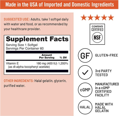 NatureWise Vitamin E 400 IU Softgels – 180mg, Non-GM, Gluten-Free (60 Softgels)