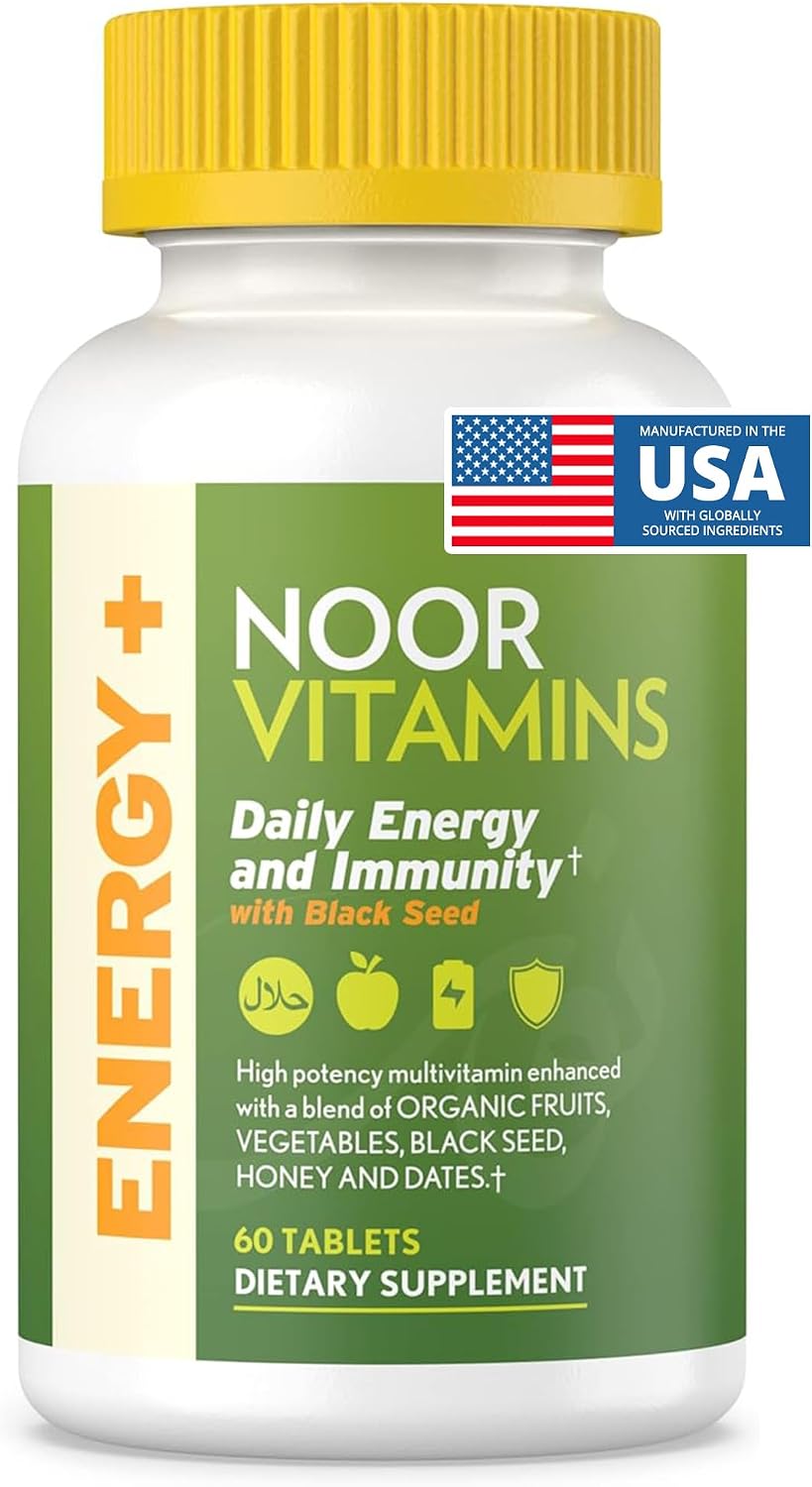 Noor Vitamins Energy+ Multivitamin; Halal Vitamin for Energy & Immunity, 26 Vitamins & Minerals, Black Seed, Dates, Honey, Gelatine Free, 2 Month Supply - görsel 1