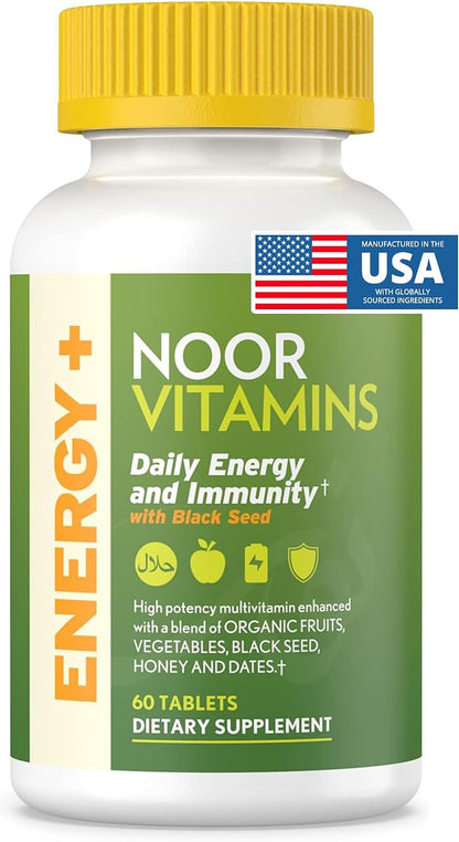 Noor Vitamins Energy+ Multivitamin; Halal Vitamin for Energy & Immunity, 26 Vitamins & Minerals, Black Seed, Dates, Honey, Gelatine Free, 2 Month Supply
