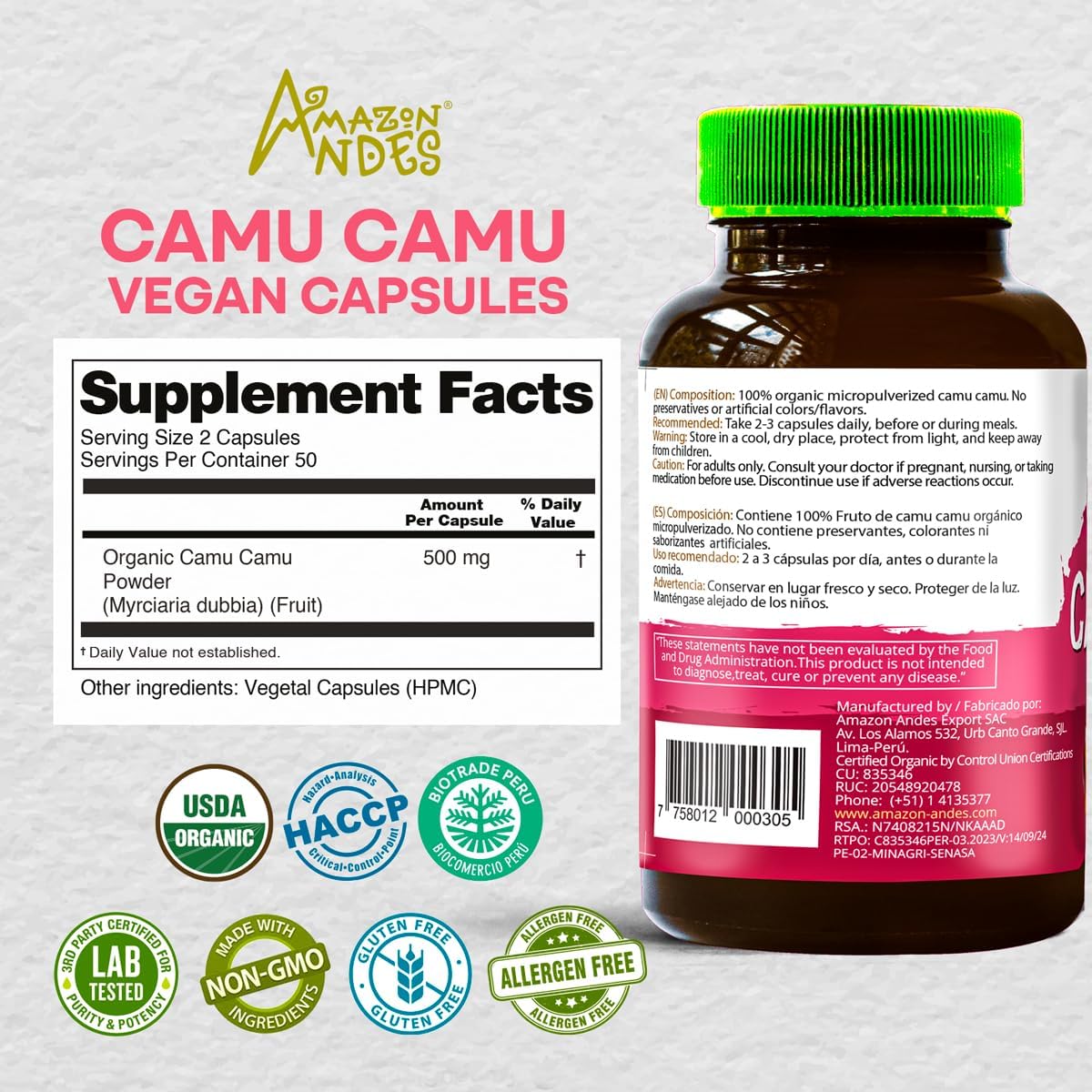 Amazon Andes Camu Camu Capsules 500mg - Pure Vitamin C from Peru - 100 Vegetarian Caps - görsel 2