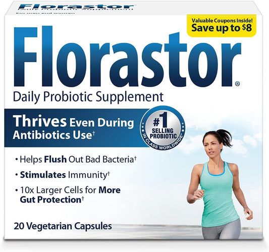 Florastor Daily Probiotic Food Supplement for Women and Men, Suitable for Uses with Antibiotics, Saccharomyces Boulardii CNCM I-745 (20 Capsules, Pack of 2)