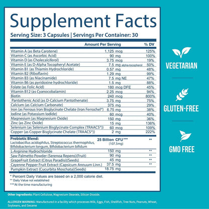 GOBIOTIX Multivitamin with Probiotics and Digestive Enzymes - 25 Billion CFU - Digestive Health for Women and Men - Gluten-free - 90 Capsules
