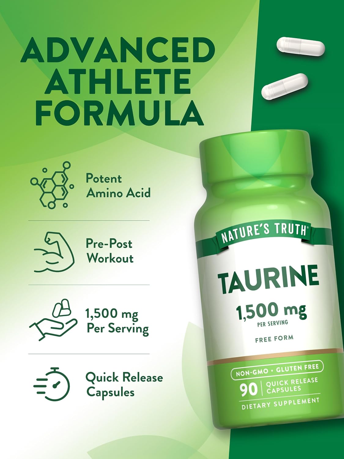 Nature's Truth Taurine Supplement, 1500 mg, 90 Quick Release Capsules, Non-GMO & Gluten-free - görsel 5