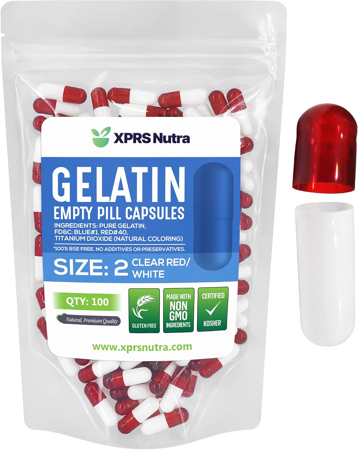 XPRS Nutra Size 2 Empty Capsules - 100 Capsules Clear Red/White Gelatine Capsules for DIY Filling - görsel 1
