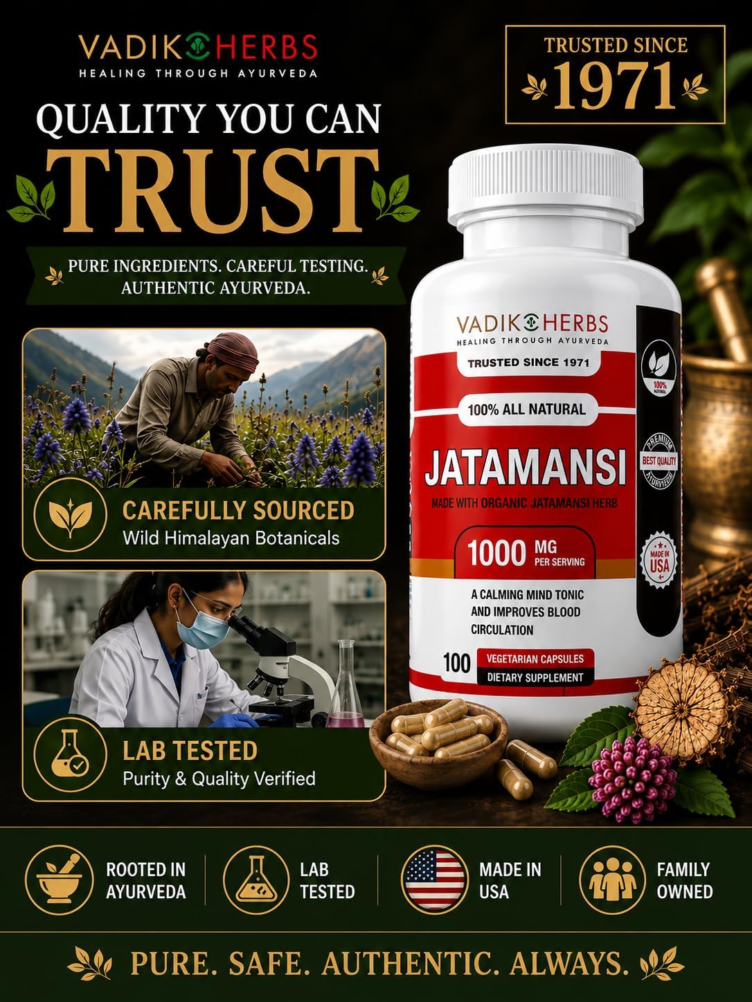 Vadik Herbs Jatamansi Capsules - 1000mg Organic Jatamansi Root for Calmness, Mental Clarity & Restful Sleep - 100 Vegetarian Capsules - görsel 7