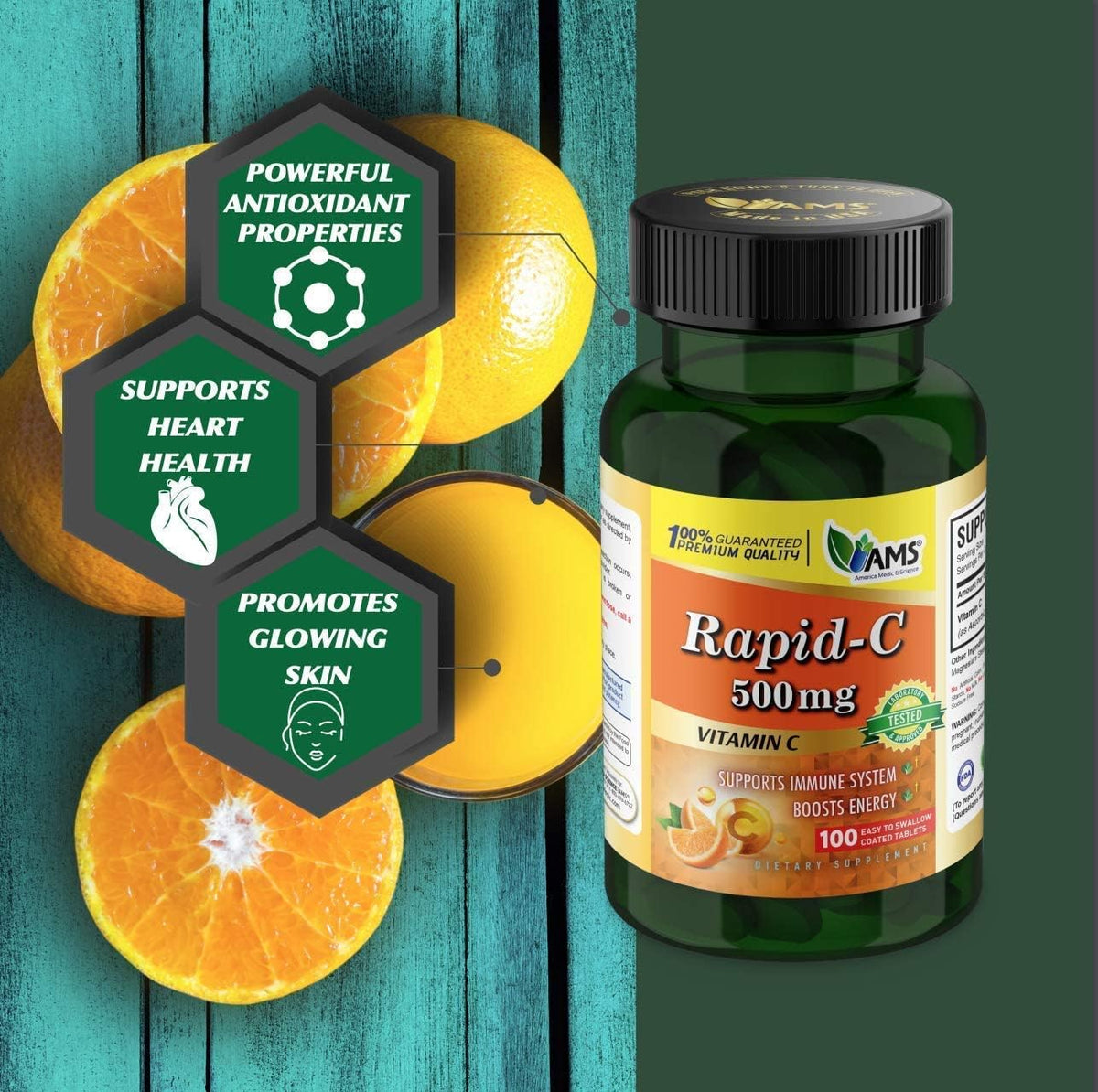 America Medic & Science Rapid-C 500mg Vitamin C Supplement (3 Pack of 100 Tablets) - görsel 8