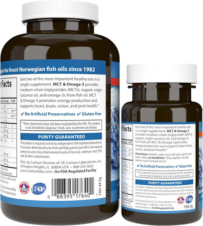 Carlson MCT & Omega-3 Softgels - Coconut Oil, EPA & DHA, 150 Softgels