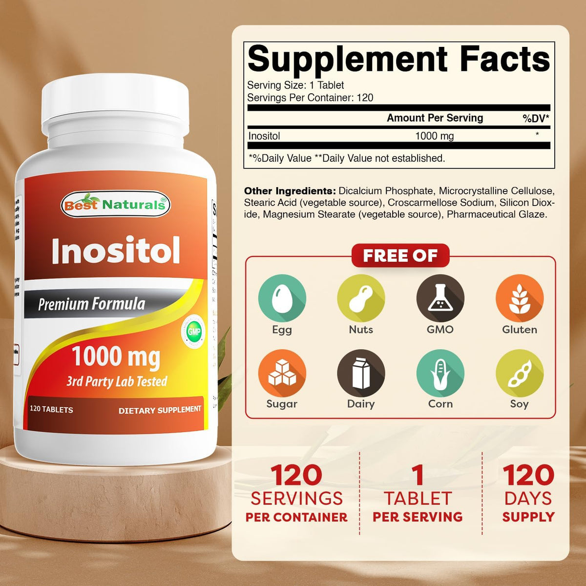 Best Naturals Inositol 1000mg 120 Tablets – Also Known as Vitamin B8 - görsel 2
