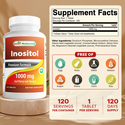 Best Naturals Inositol 1000mg 120 Tablets – Also Known as Vitamin B8