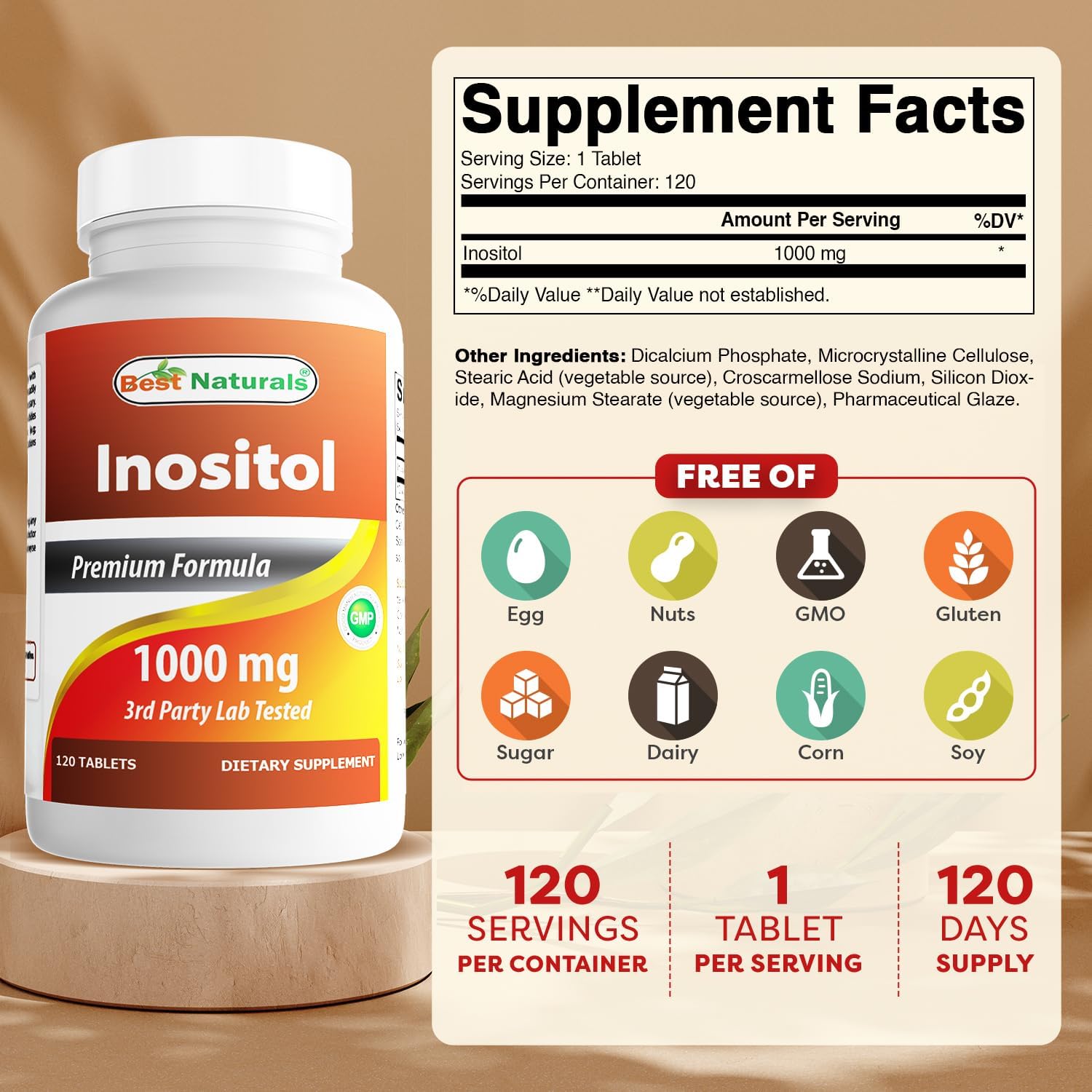 Best Naturals Inositol 1000 mg, 120 Tablets - görsel 2