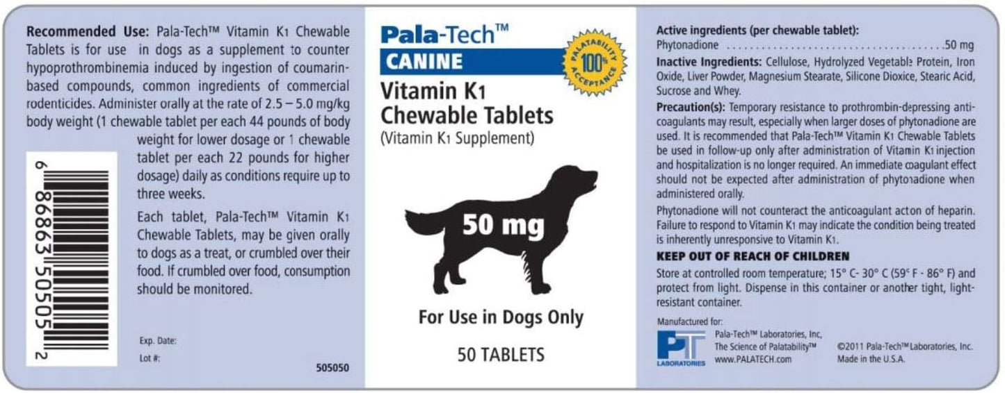 Pala-Tech Vitamin K1 Chewable Tablets for Dogs - Counters Hypoprothrombinaemia - 50 mg, 50 Tablets - görsel 2