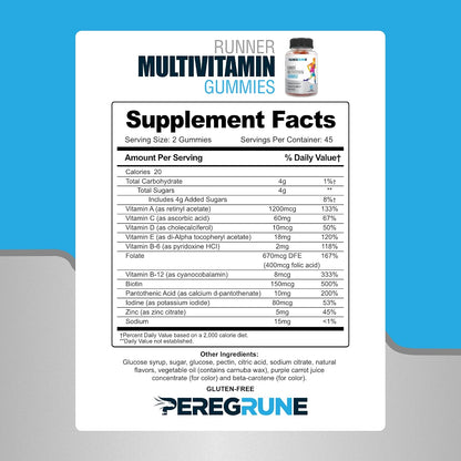 PEREGRUNE Runner Multivitamin Gummies – Daily Vitamin for Runners (Vitamins A, C, D, E, B Complex) – 50% Less Sugar