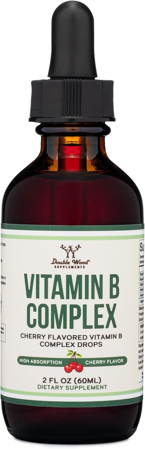 Double Wood Supplements Liquid Vitamin B Complex - 60 ml - 2 Month Supply - Maximum Absorption - B3, B6, B7 (Biotin), B9, and Vitamin B12 - Cherry Flavour - görsel 1