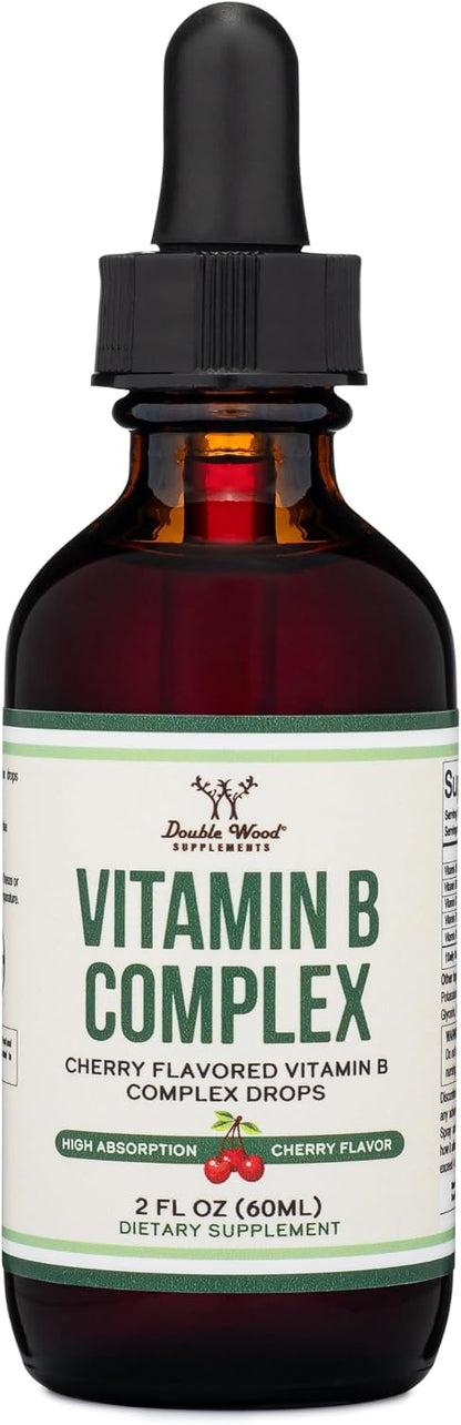 Double Wood Supplements Liquid Vitamin B Complex - 60 ml - 2 Month Supply - Maximum Absorption - B3, B6, B7 (Biotin), B9, and Vitamin B12 - Cherry Flavour