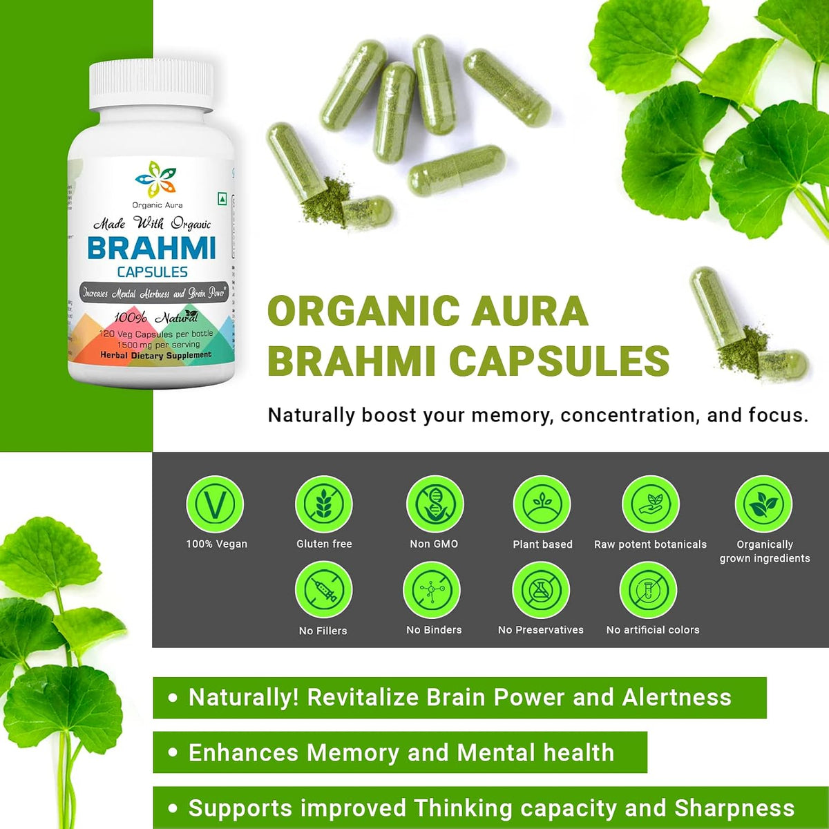 Organic Aura Brahmi Capsules (120 Capsules) - Whole Green Superfood, Non-GM, Gluten-free – Image 9