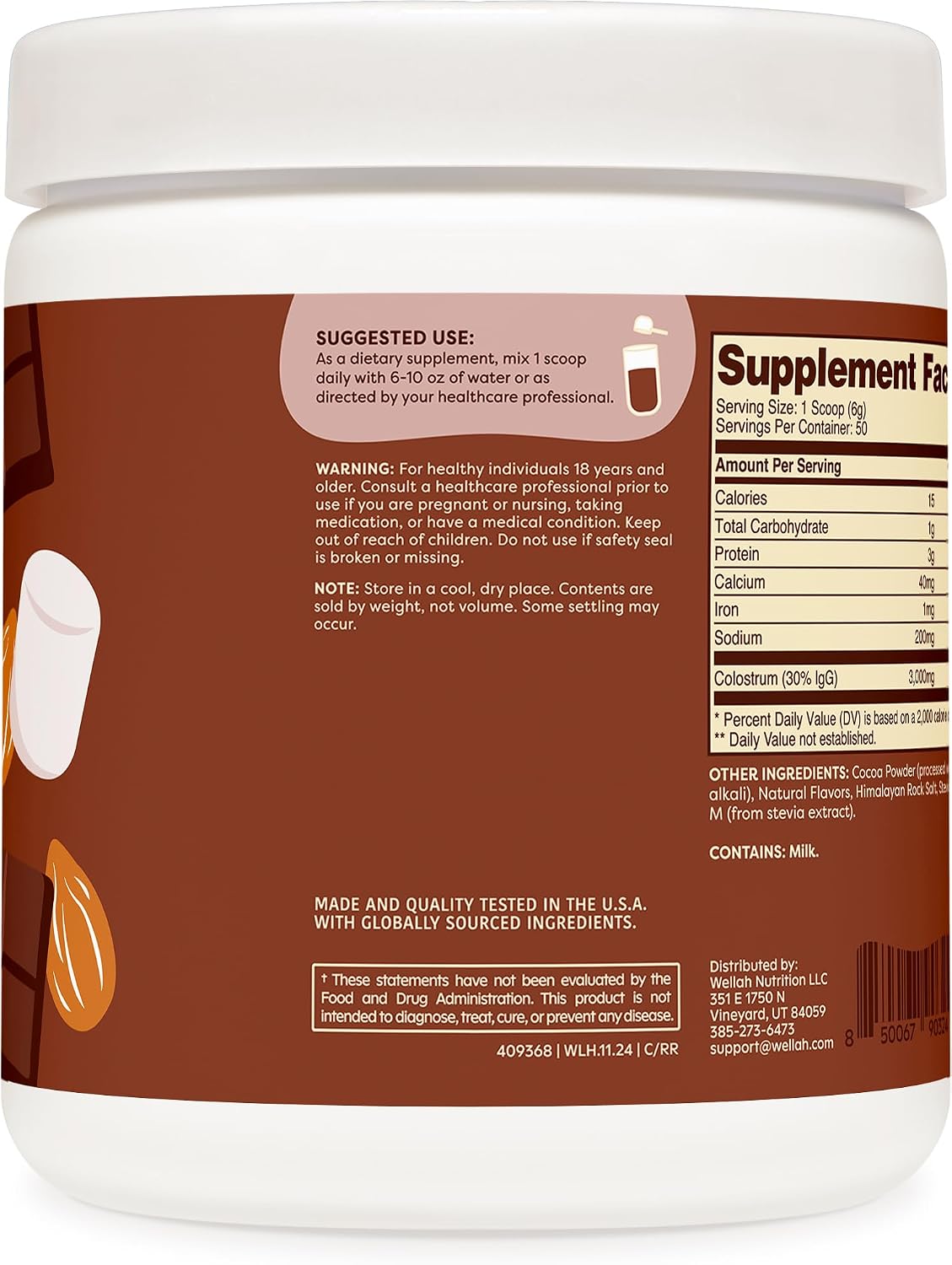 Wellah Colostrum Rocky Road Flavoured (50 Servings) - Sweetened with Stevia, 3g Colostrum Per Serving, Dietary Supplement - görsel 3