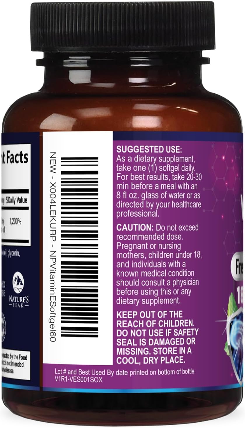 Vitamin E 180 mg Per Serving Soft gel capsules - DL-Alpha Tocopherol, Antioxidant Supplement for Skin, Heart, and Immune Support, Non-GMO & Gluten-free - 60 Soft gel capsules - görsel 8