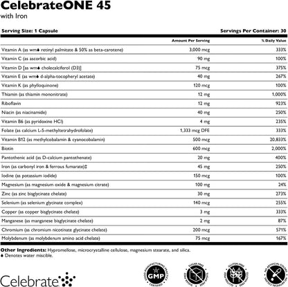 CelebrateONE 45 Bariatric Multivitamin with Iron, 30 Capsules