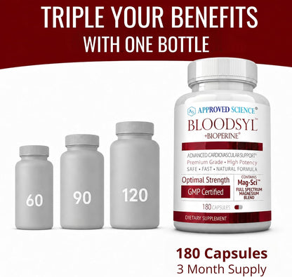 Approved Science Bloodsyl - Blood Pressure Support Supplement - Supports Blood Pressure Levels Already Within Normal Range - Hawthorn Berry, Garlic, Magnesium and Hibiscus Capsules - Vegan - 180 Capsules, 3 Months