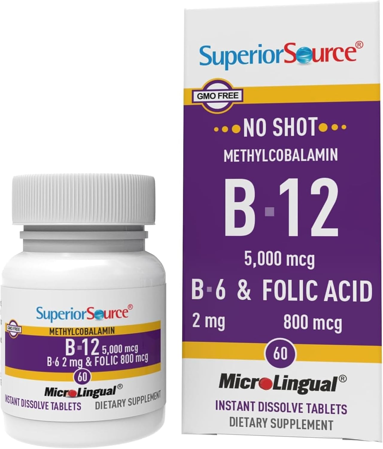 Superior Source No Shot Vitamin B12 Methylcobalamin (5000 mcg) with B6 and Folic Acid - Quick Dissolve Sublingual Tablets, 60 Count - görsel 1