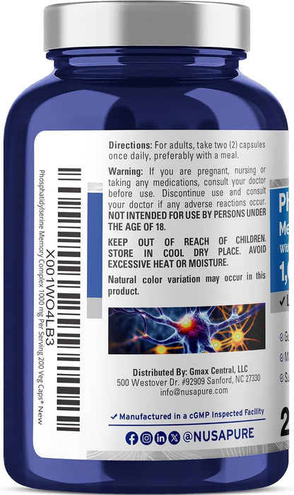 NusaPure Phosphatidylserine Memory Ultimate Complex 1000mg – 200 Vegan Capsules