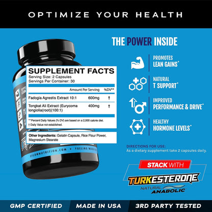 eFlow Nutrition Fadogia Agrestis + Tongkat Ali - [2-in-1] Natural Performance Supplement for Hormone, Energy, & Mood Support - Extract Powder (60 Capsules)