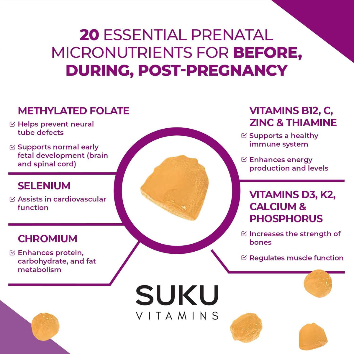 SUKU Prenatal Multivitamin Gummies – Folate, Calcium, Vitamin D3, B12, K2 – Sugar-Free, Vegetarian, Gluten-Free – Pineapple Peach – 60 Count - görsel 6