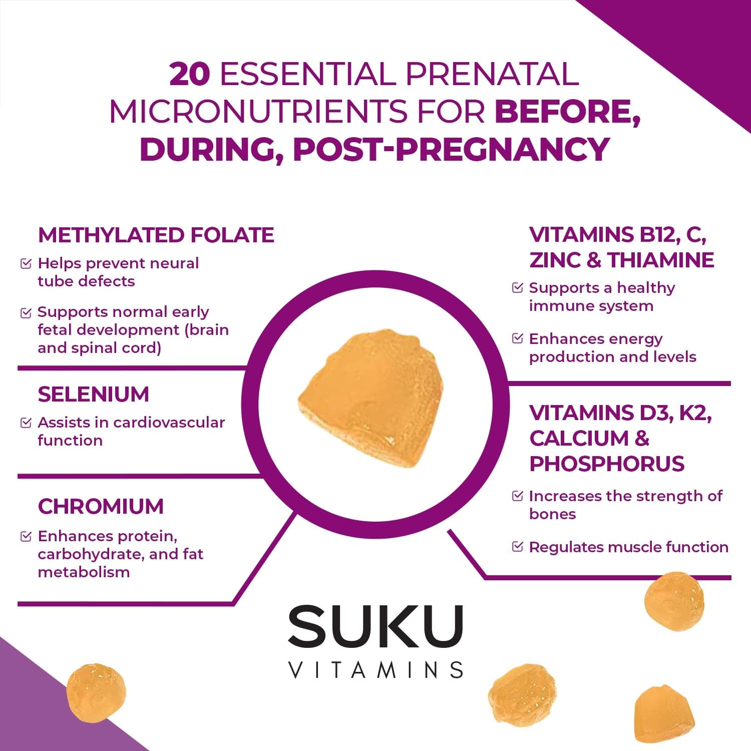 SUKU Prenatal Multivitamin Gummies – Folate, Calcium, Vitamin D3, B12, K2 – Sugar-Free, Vegetarian, Gluten-Free – Pineapple Peach – 60 Count - görsel 6