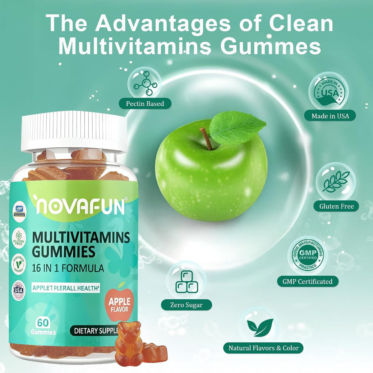 Multivitamin Gummies, 16-in-1 Multivitamin Supplement for Women, Men & Kids, Essential Vitamins & Minerals, Vegan, Sugar-Free, 60 Gummies - görsel 3
