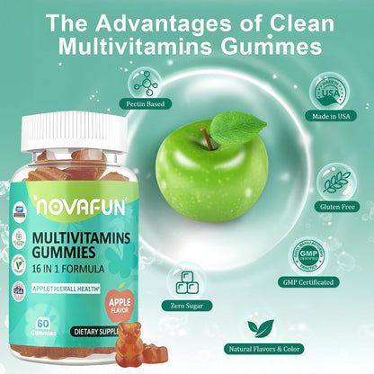 Multivitamin Gummies, 16-in-1 Multivitamin Supplement for Women, Men & Kids, Essential Vitamins & Minerals, Vegan, Sugar-Free, 60 Gummies