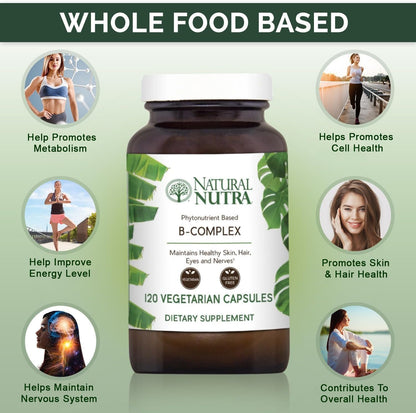 Natural Nutra Vitamin B Complex - Whole Food Supplement with B1, B2, B3, B5, B6, B7, B9, B12 - 120 Vegetarian Capsules