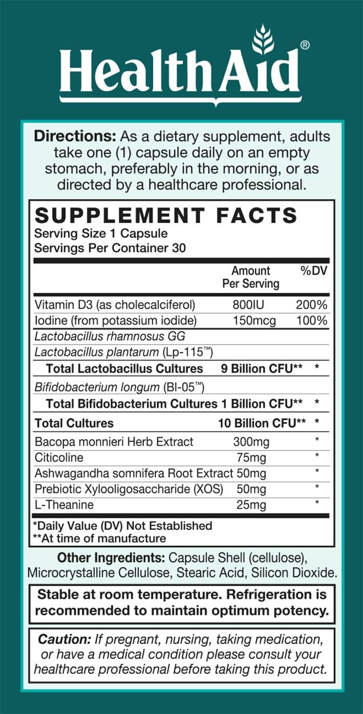 FocusProbio for Adults Gut-Brain Support Probiotic 10 Billion CFU with Bacopa, Citicoline, L-Theanine & Ashwagandha - görsel 2