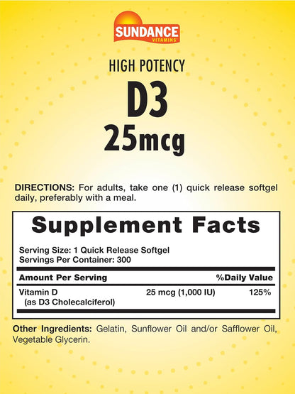 Sundance Vitamin D3 1000 IU - 300 Softgels - High Potency Essential Vitamin - Non-GM & Gluten-free