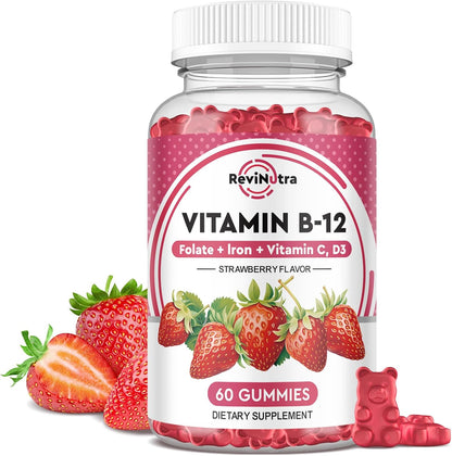Vitamin B12 Gummies - 5000 mcg Methylcobalamin Complex with Iron, Vitamin C, D3 & Folate - Energy & Immunity Support - Vegan, Cherry Flavour - 60 Gummies