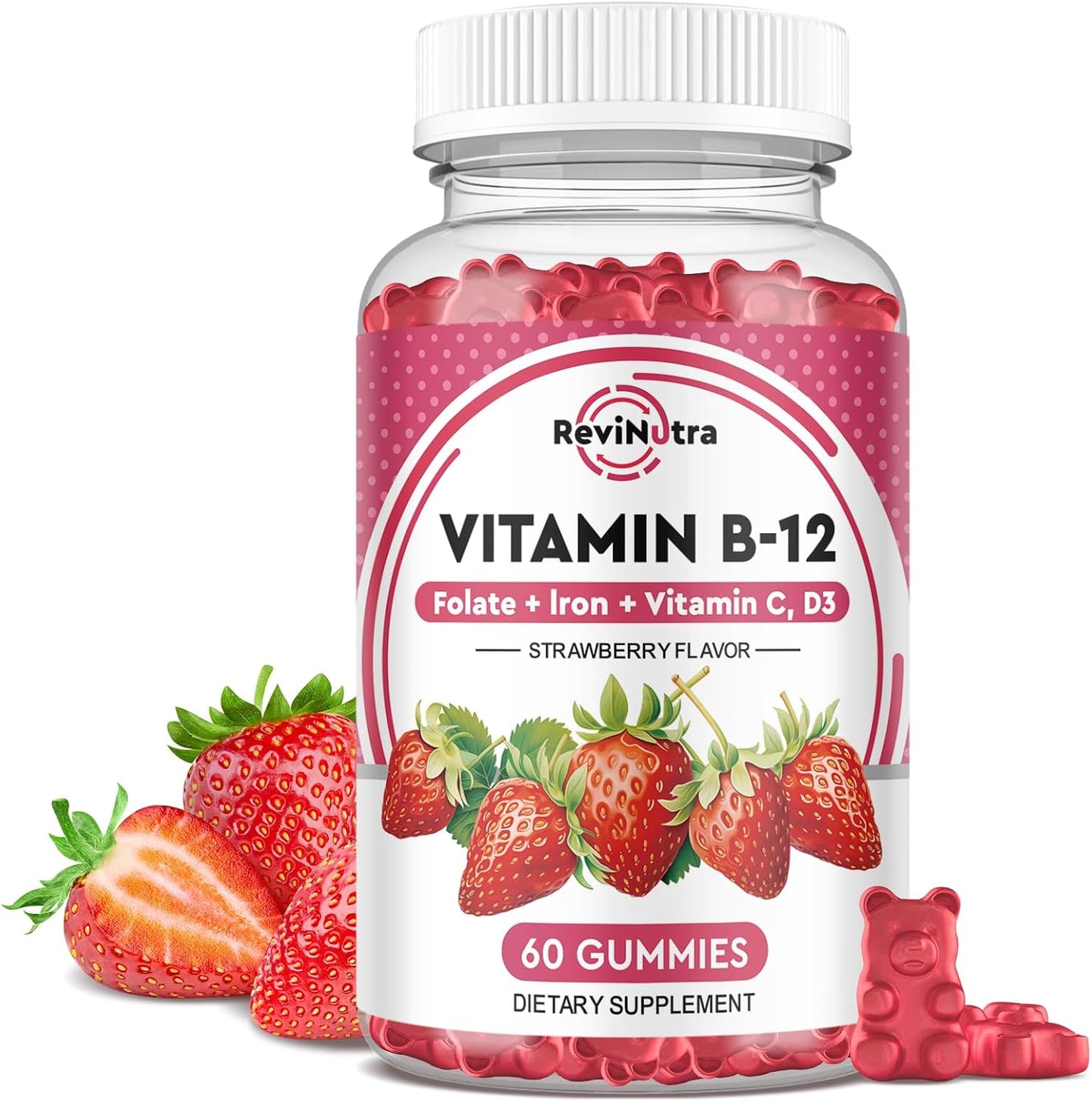 ReviNutra Vitamin B12 Gummies - 5000 mcg Methylcobalamin with Iron, Vitamin C, D3 & Folate - Strawberry Flavour - görsel 1